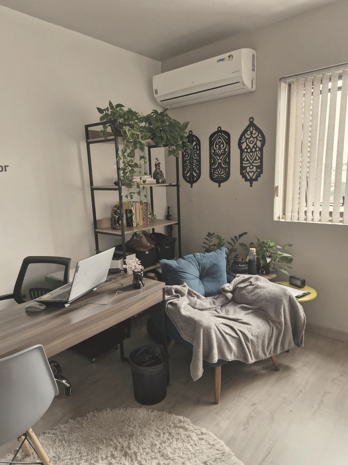 Sala de atendimento individual com estante de livros, plantas e decorações mandalas